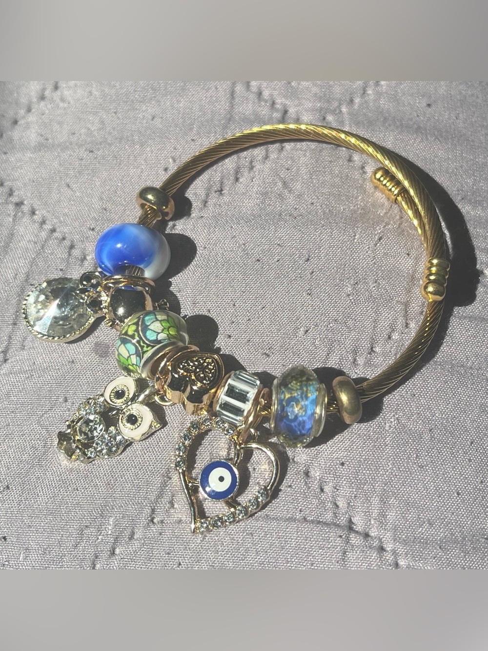 Gold-Tone Charm Bracelet with Blue and Green Beads
